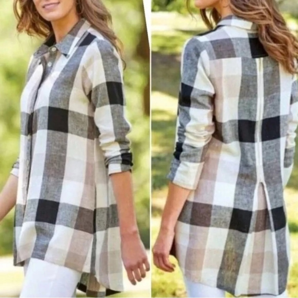 Soft Surroundings Brown, Black, and White Plaid Zip Back Button Down Shirt